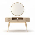 Coiffeuse en bois avec miroir rond 120 x 50 x 75cm et rangements intégrés