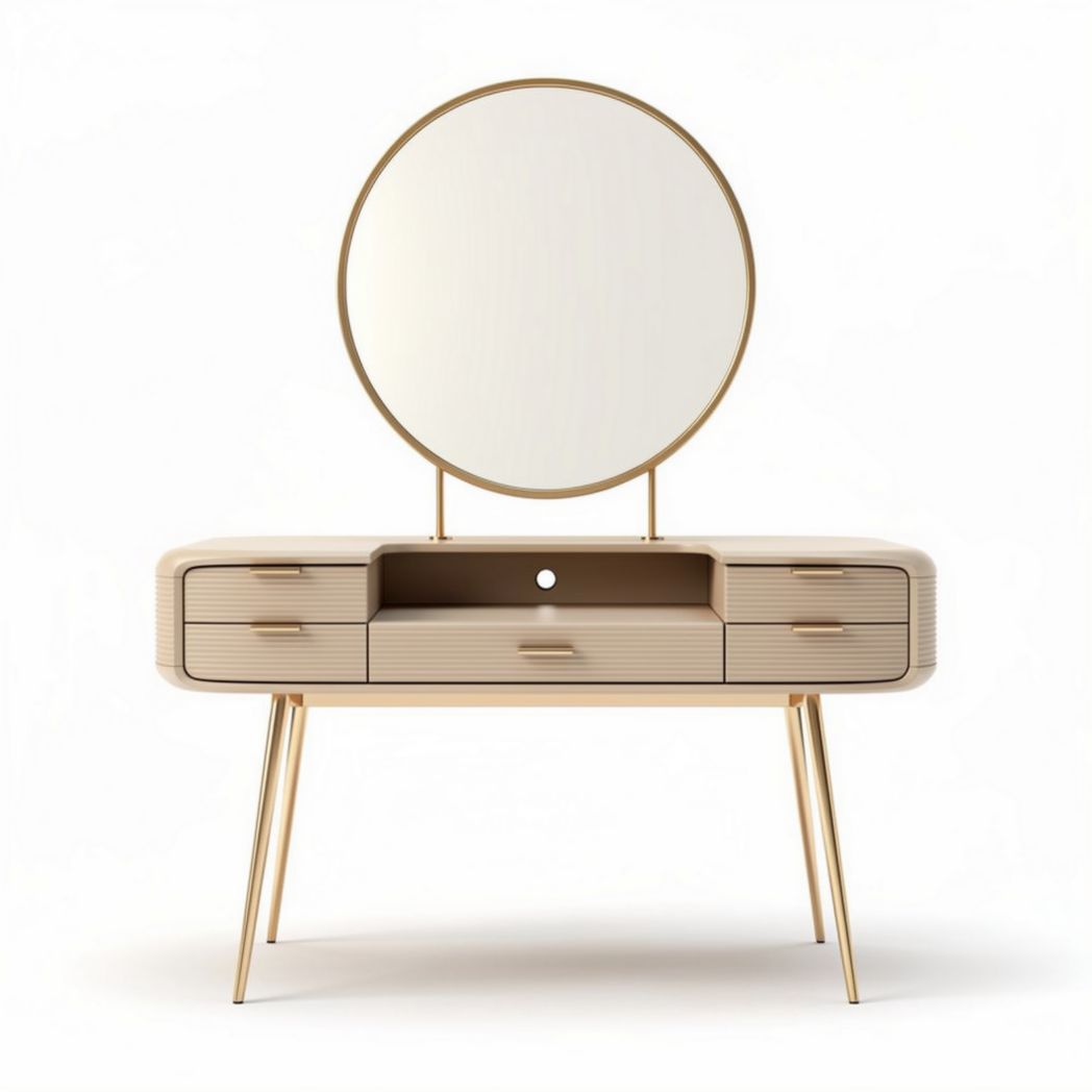 Coiffeuse en bois avec miroir rond 120 x 50 x 75cm et rangements intégrés