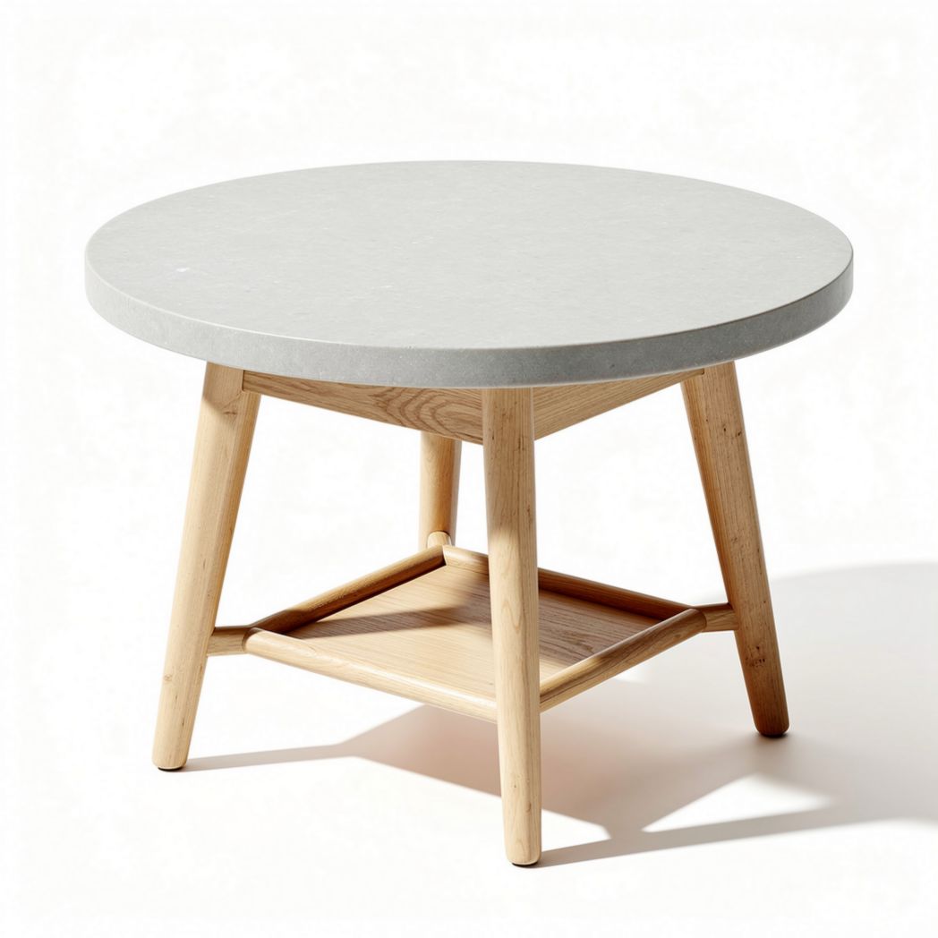 Table ronde en bois avec plateau en pierre grise 80 x 80 x 45cm