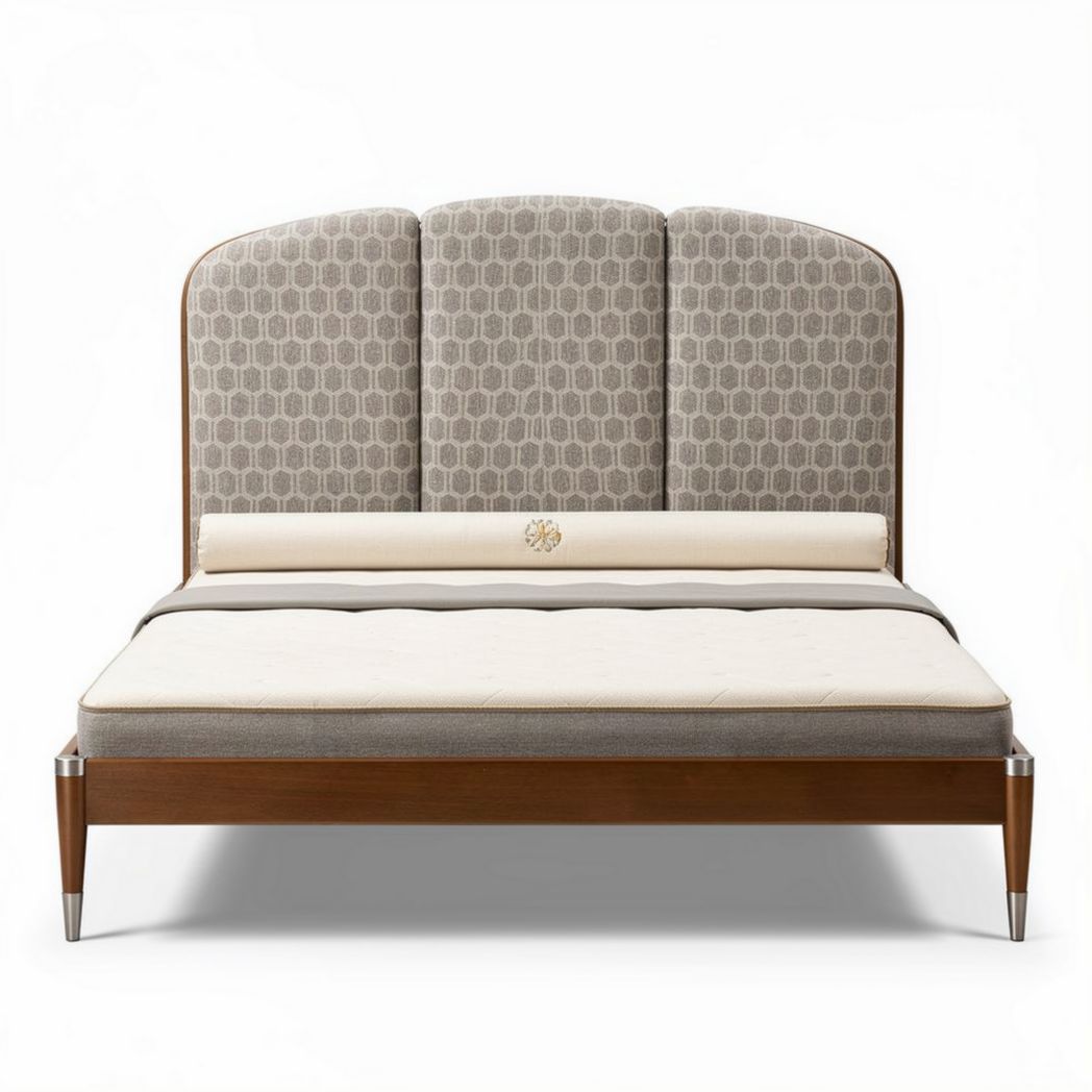 Lit en bois avec tête de lit rembourrée en tissu gris 200 x 160 x 120cm