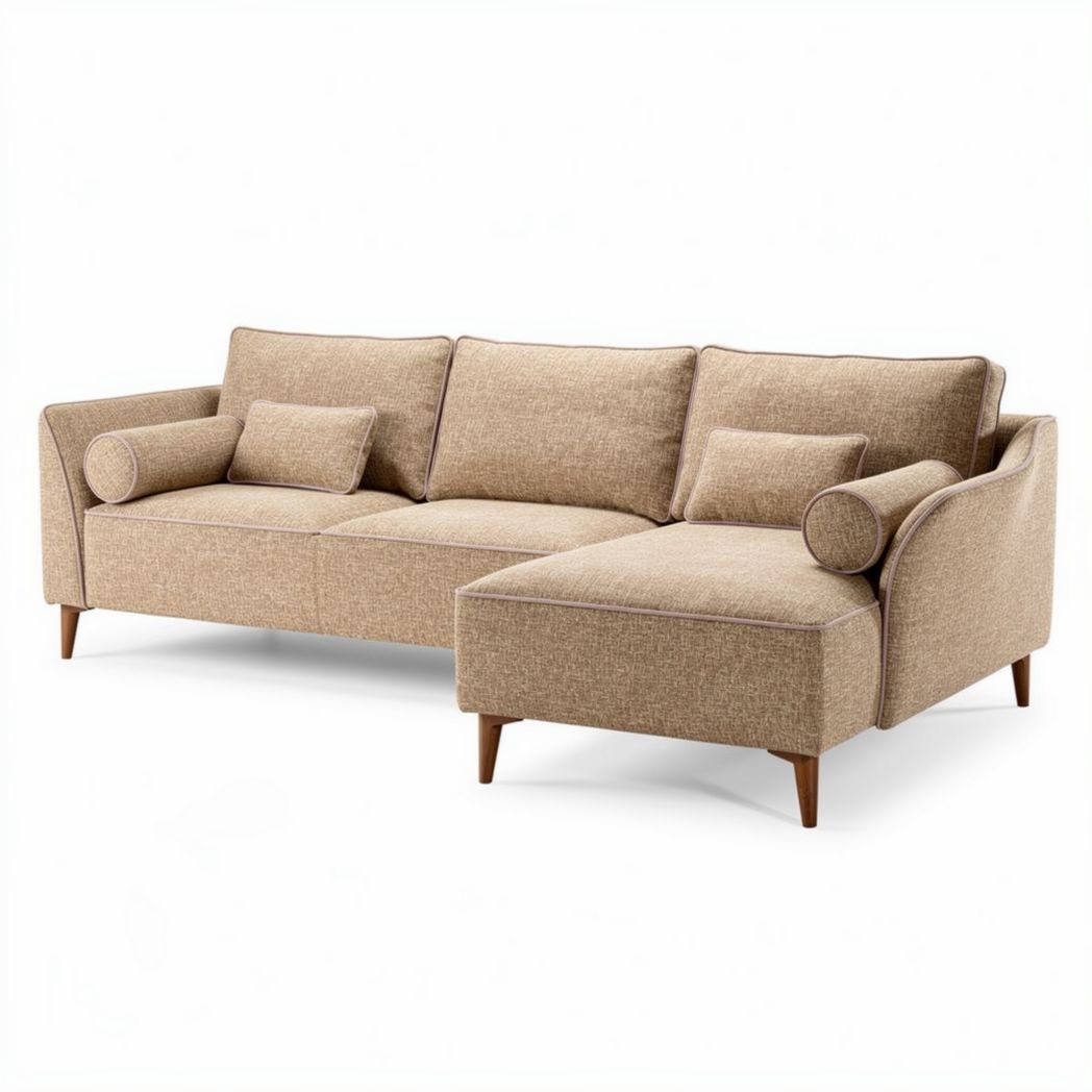 Canapé d'angle en tissu beige avec coussins amovibles dimensions 220 x 90 x 80cm